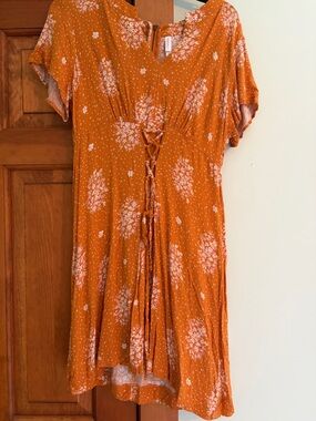 Xhilaration Orange Floral V-Neck Lace-Up Dress